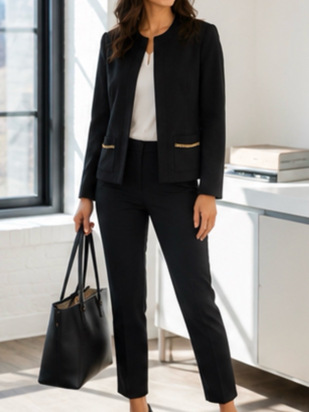 Michael Michael Kors Black Zip Front Jacket/ Blazer Womens L Gold Trim Pockets